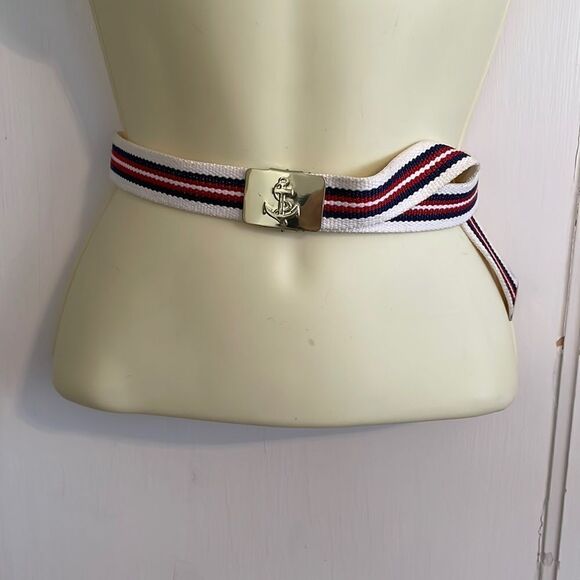 Vtg 80s red, white & navy blue canvas belt with gold anchor military type clasp - Picture 1 of 5